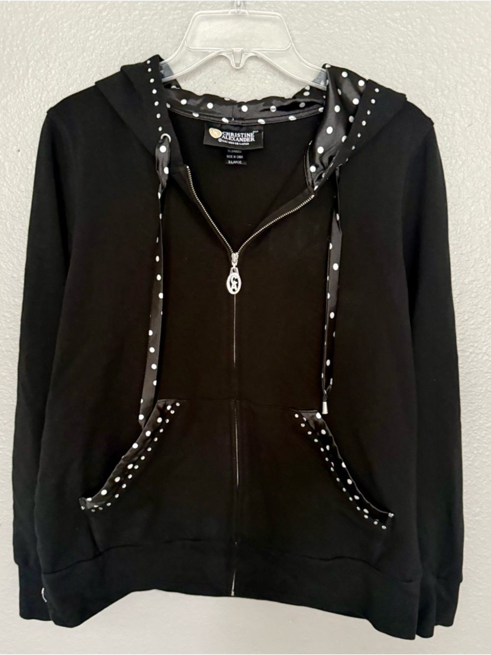 Vintage Christine Alexander Rhinestone Hoodie Black Polka Dot Satin Trim XL Y2K